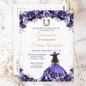 Dark Purple Princess Floral Charro Quinceañera Postcard