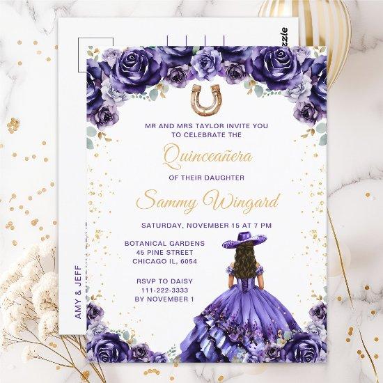 Dark Purple Princess Floral Charro Quinceañera Postcard