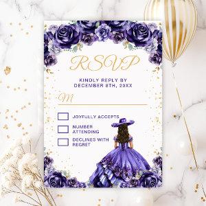 Dark Purple Princess Floral Charro Quinceañera RSVP Card