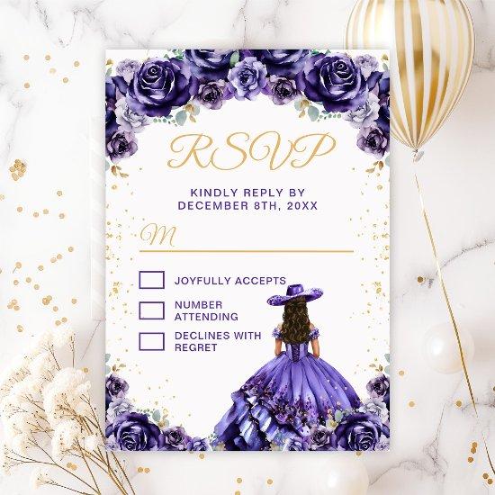 Dark Purple Princess Floral Charro Quinceañera RSVP Card