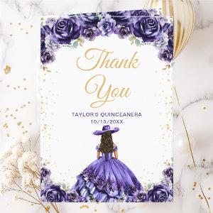 Dark Purple Princess Floral Charro Quinceañera Thank You Card