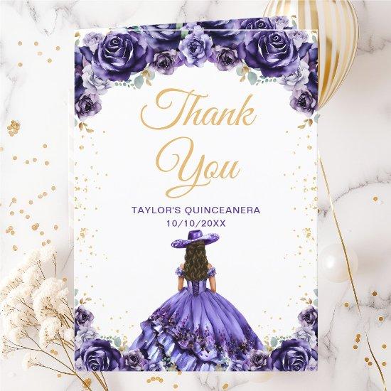 Dark Purple Princess Floral Charro Quinceañera Thank You Card
