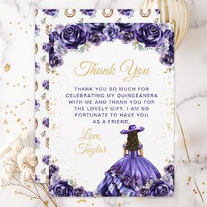 Dark Purple Princess Floral Charro Quinceañera Thank You Card