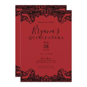 Dark Red & Black Lace Elegant Quinceañera