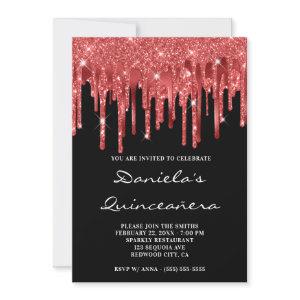 Dark Red Glitter Foil Drips Black Quinceañera