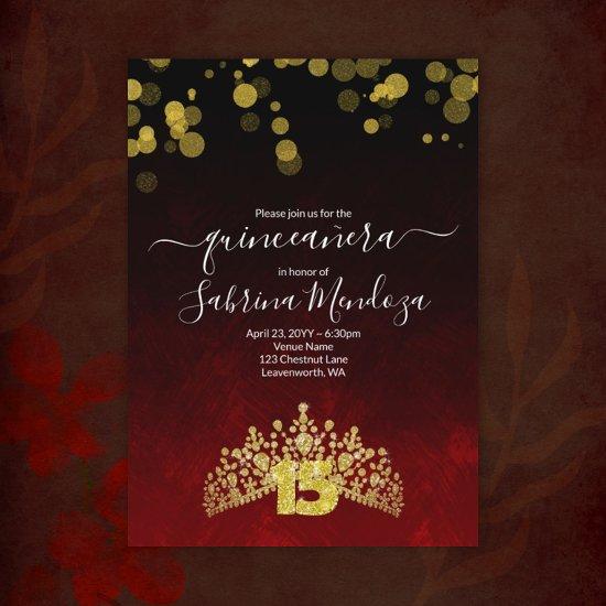 Dark Red, Gold Tiara Quinceanera
