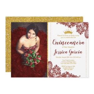 Dark Red Lace & Glitter Gold Princess Quinceañera