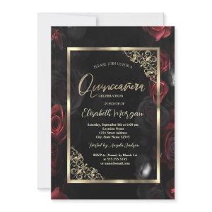 Dark Red Roses Gold Frame Black Quinceañera