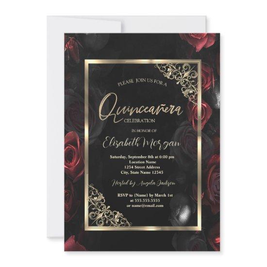 Dark Red Roses Gold Frame Black Quinceañera