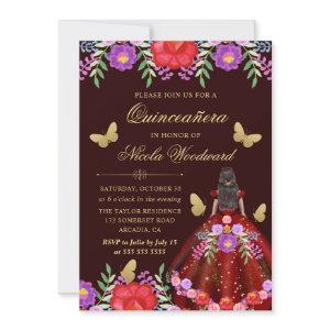 Dark Skin Woman Mexican Floral Dress Quinceañera