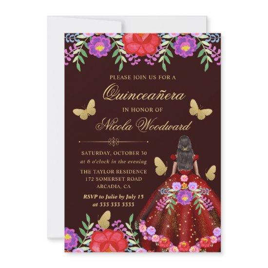 Dark Skin Woman Mexican Floral Dress Quinceañera