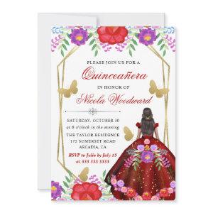 Dark Skin Woman  Mexican Floral Dress Quinceañera