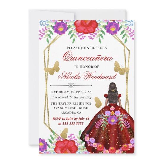 Dark Skin Woman  Mexican Floral Dress Quinceañera