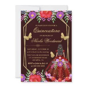 Dark Skin Woman Mexican Floral Dress Quinceañera
