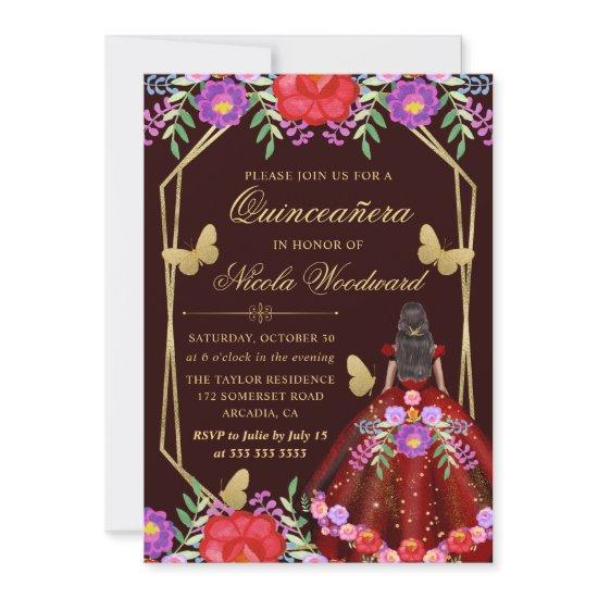 Dark Skin Woman Mexican Floral Dress Quinceañera