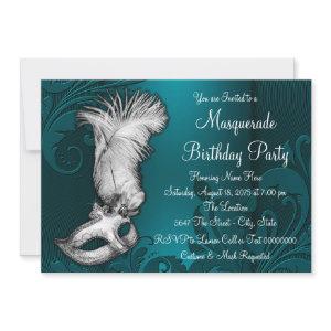 Dark Teal Blue Feather Mask Masquerade Party