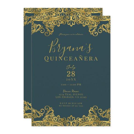 Dark Teal & Gold Lace Elegant Quinceañera Party