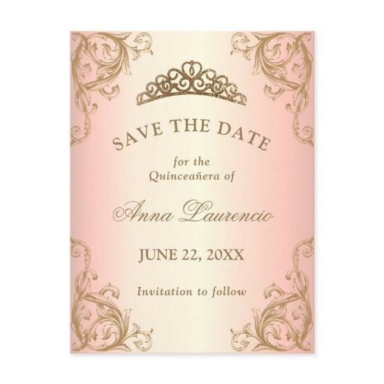 Decorative Rose Gold Quinceanera Save The Date Postcard
