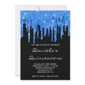 Deep Blue Glitter Foil Drips Black Quinceañera