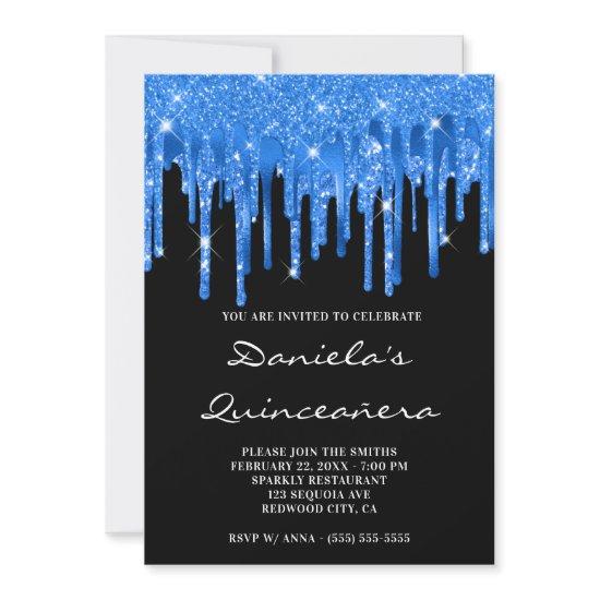 Deep Blue Glitter Foil Drips Black Quinceañera