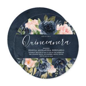 Deep Navy & Blush Floral Quinceanera 15th Birthday