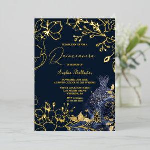Deep Navy Floral & Dress Quinceanera Gold Leaves Foil