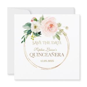 Delicate Blush White Flowers Gold Quinceañera Save The Date