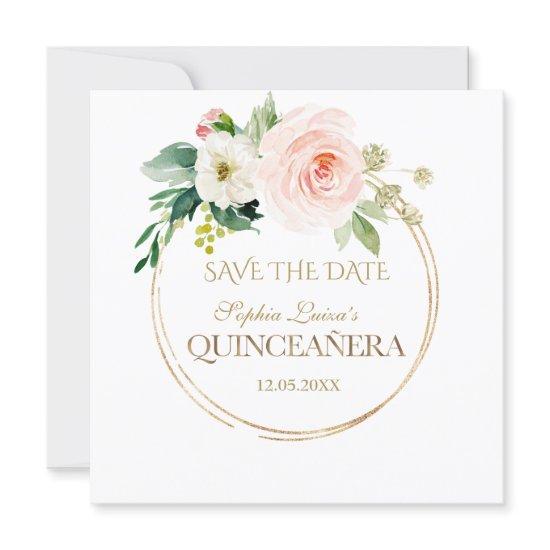 Delicate Blush White Flowers Gold Quinceañera Save The Date