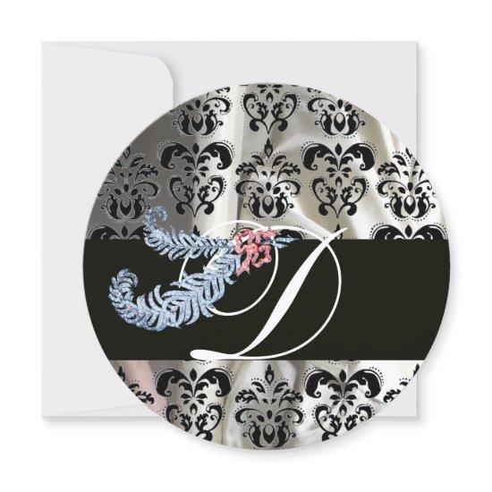 DIAMOND FEATHER BLACK WHITE SILK DAMASK MONOGRAM
