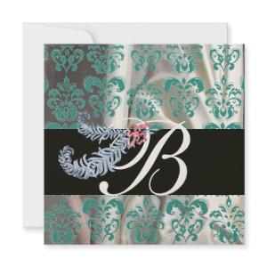DIAMOND FEATHERS GOLD BLUE SILK DAMASK MONOGRAM