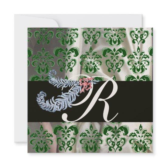 DIAMOND FEATHERS GREEN GOLD SILK DAMASK MONOGRAM