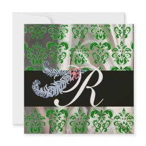 DIAMOND FEATHERS GREEN GOLD SILK DAMASK MONOGRAM