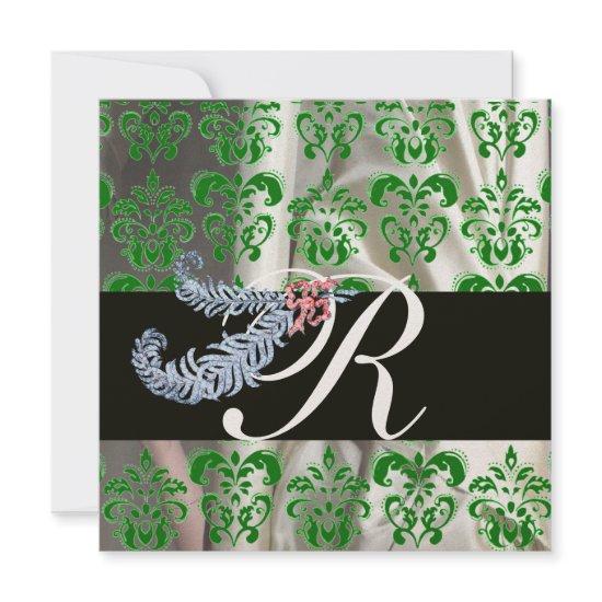 DIAMOND FEATHERS GREEN GOLD SILK DAMASK MONOGRAM
