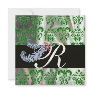 DIAMOND FEATHERS GREEN ICE SILK DAMASK MONOGRAM