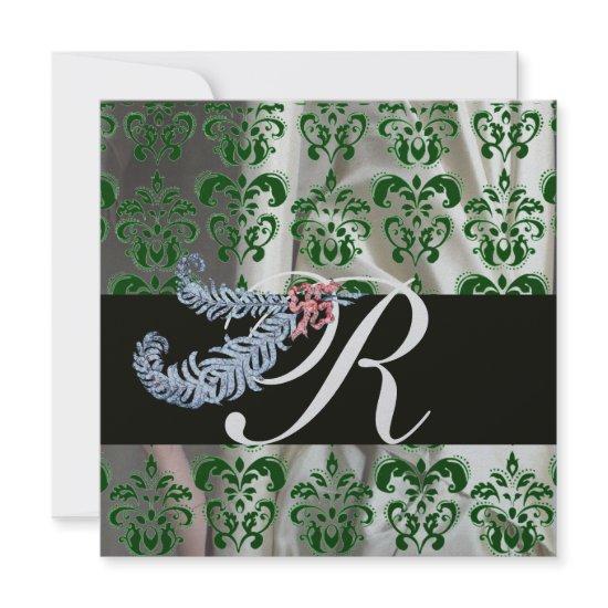 DIAMOND FEATHERS GREEN SILVER SILK DAMASK MONOGRAM