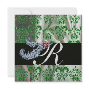 DIAMOND FEATHERS GREEN SILVER SILK DAMASK MONOGRAM