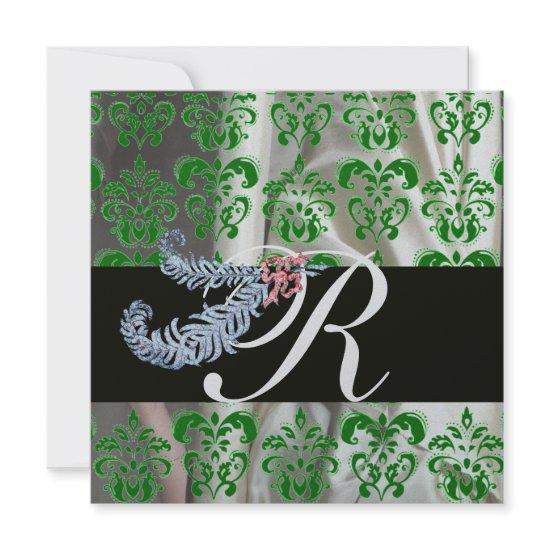 DIAMOND FEATHERS GREEN SILVER SILK DAMASK MONOGRAM
