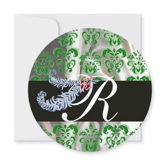 DIAMOND FEATHERS GREEN WHITE SILK DAMASK MONOGRAM