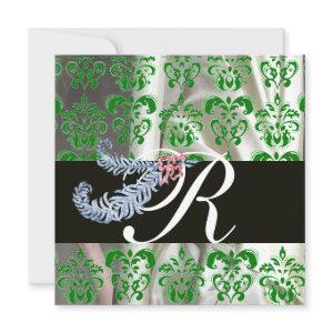 DIAMOND FEATHERS GREEN WHITE SILK DAMASK MONOGRAM