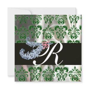 DIAMOND FEATHERS GREEN WHITE SILK DAMASK MONOGRAM