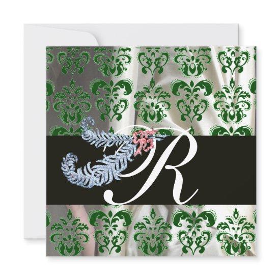 DIAMOND FEATHERS GREEN WHITE SILK DAMASK MONOGRAM