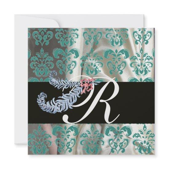 DIAMOND FEATHERS ICE BLUE SILK DAMASK MONOGRAM
