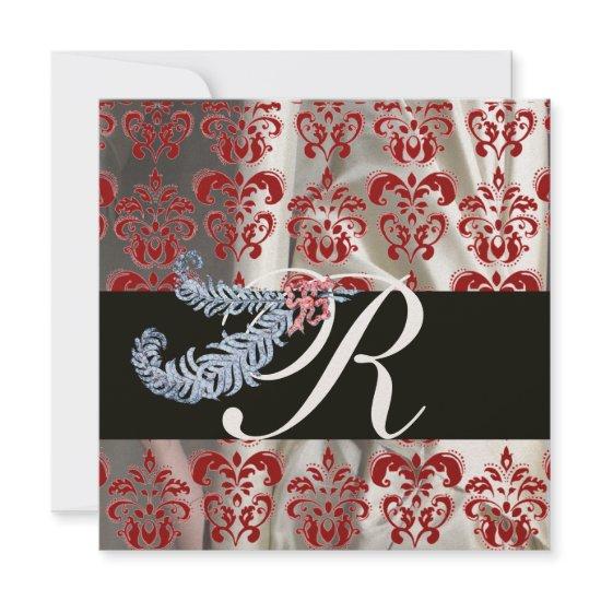 DIAMOND FEATHERS RED GOLD SILK DAMASK MONOGRAM
