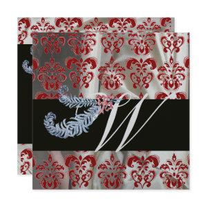 DIAMOND FEATHERS RED SILVER SILK DAMASK MONOGRAM
