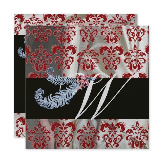 DIAMOND FEATHERS RED SILVER SILK DAMASK MONOGRAM