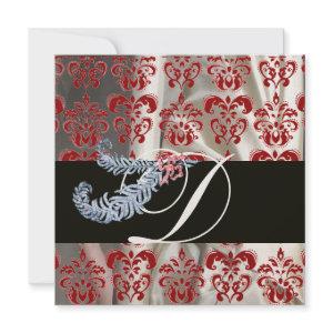 DIAMOND FEATHERS RED WHITE SILK DAMASK MONOGRAM