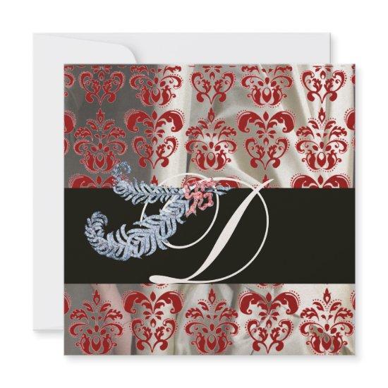 DIAMOND FEATHERS RED WHITE SILK DAMASK MONOGRAM