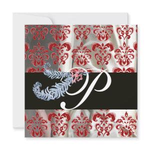 DIAMOND FEATHERS RED WHITE SILK DAMASK MONOGRAM