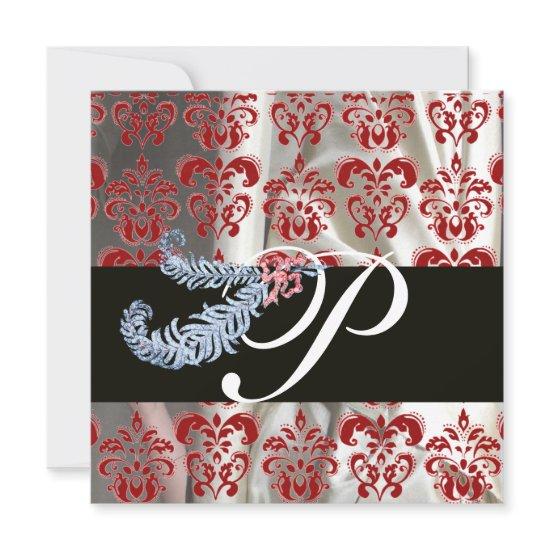 DIAMOND FEATHERS RED WHITE SILK DAMASK MONOGRAM