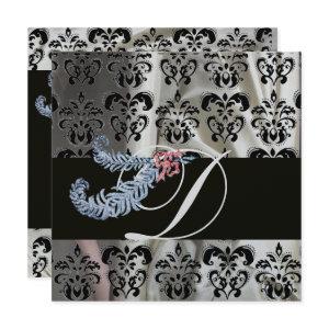DIAMOND FEATHERS SILVER BLACK SILK DAMASK MONOGRAM